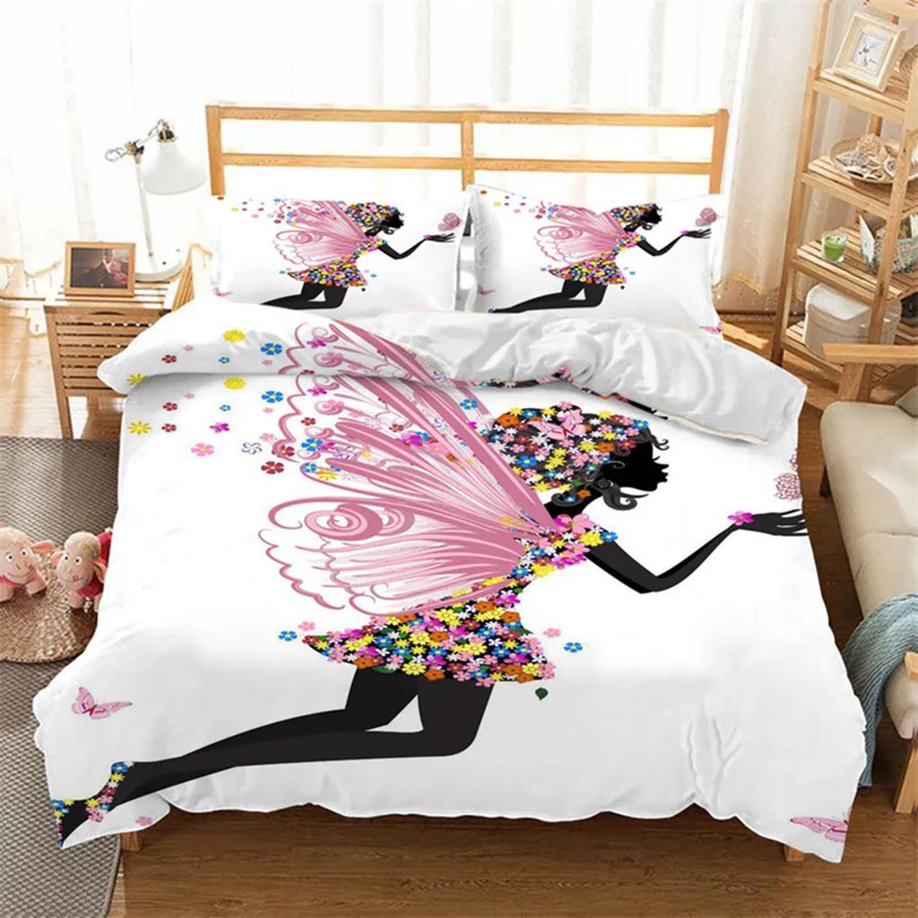 Cartoon Girly Butterfly Duvet Cover Lovely Pink Flower Fairy With Wings Romantic For Children Women Gifts For Bedroom Decoration