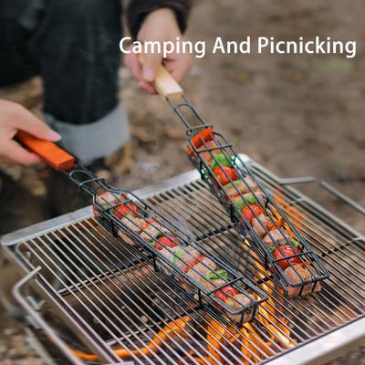 Barbecue Grill Baskets for Meat Vegetables Lockable Grille Rolling BBQ Cage with Wooden Handle Barbecue Net Rack for Shrimp Fish Veggies