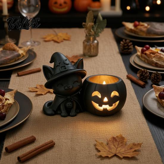 Ghost Face Tealight Cup Halloween Black Cat Pumpkin Candlestick, 3D Printed Witch Candle Holder with Cup, Spooky Tabletop Decor for Party Creative