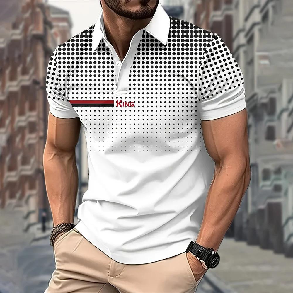 Stylish Polka Dot Short Sleeve Polo Shirt with 'KING' Print, Casual Fashion Top