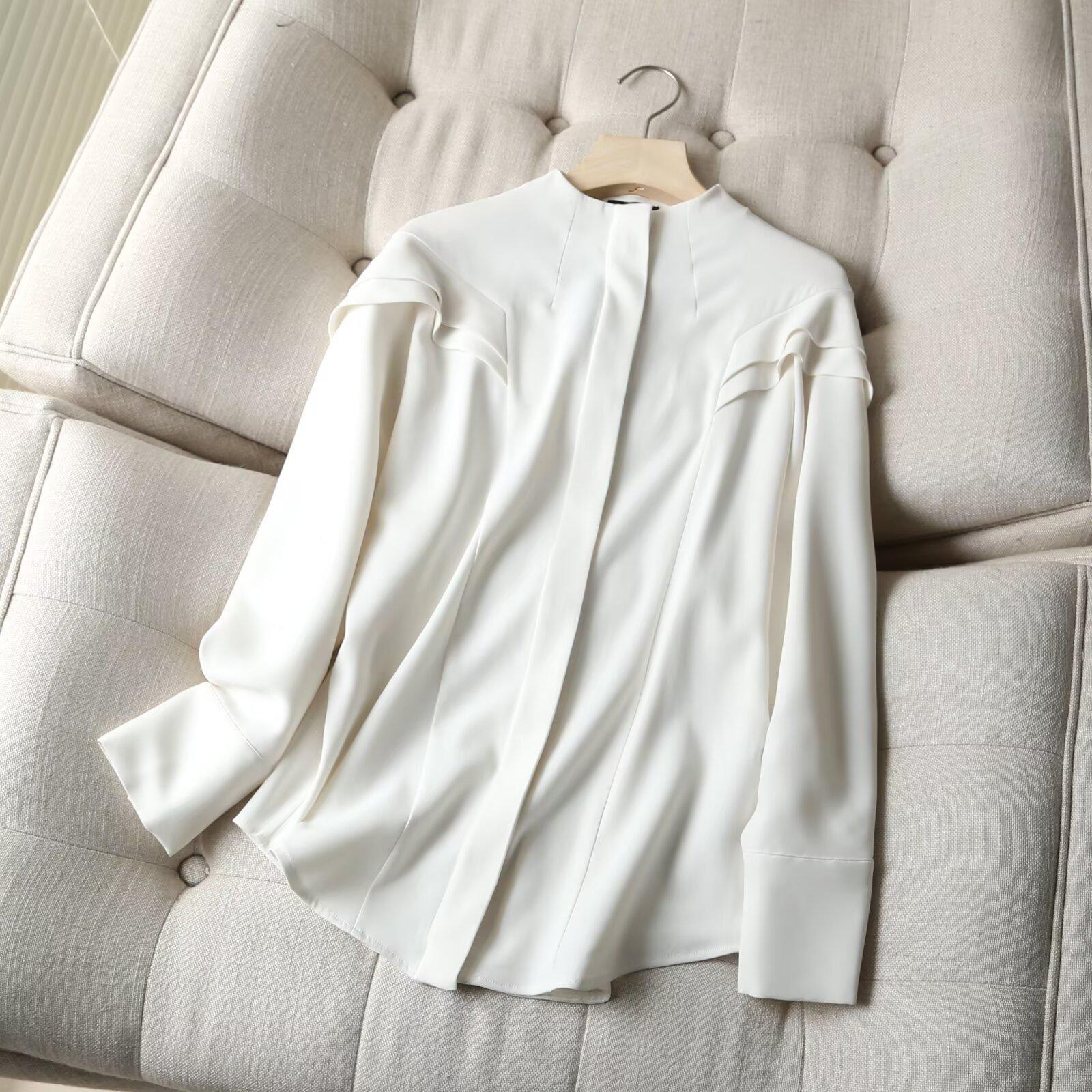 

Spring 2025 Women s Versatile Solid Color Ruffle Trim Long-Sleeve Casual Shirt Small