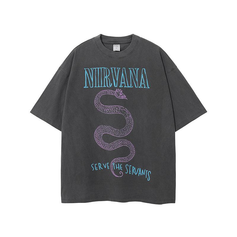 Maglietta a maniche lunghe band Nirvana vintage europeo e americano lavata effetto invecchiato maglietta a maniche corte Nirvana per uomo e donna