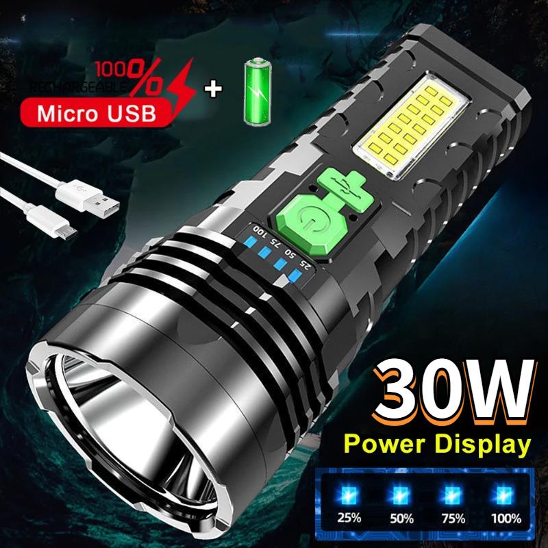 30w USB Flashlight Rechargeable 4 Switch Modes Flashlights Waterproof Torch for Camping Hiking Fishing Adventure Emergency