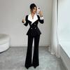 Womens Black White Contrast Lapel Blazer Slim Fit Double-Breasted Office Wear 2026