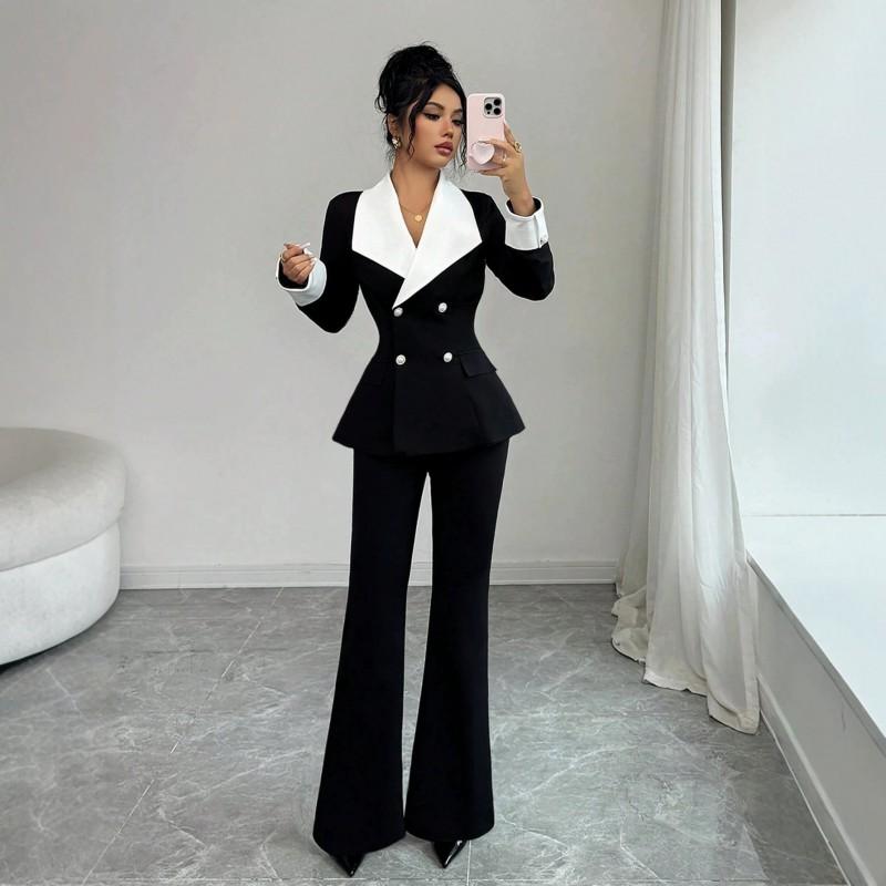 Womens Black White Contrast Lapel Blazer Slim Fit Double-Breasted Office Wear 2026