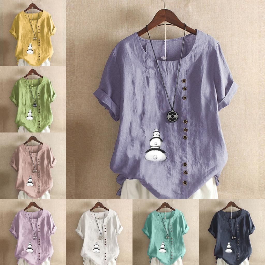 T-shirt à manches courtes et col rond pour femme, imprimé panda, décontracté, en coton et lin, motif graphique, pour loisirs, ample, été