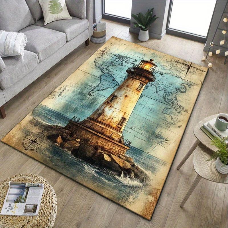 Vintage Lighthouse Map Rug for Nautical Themed Rooms - Coastal Decor, Durable Indoor Outdoor Floor Mats Skid Resistant Carpet