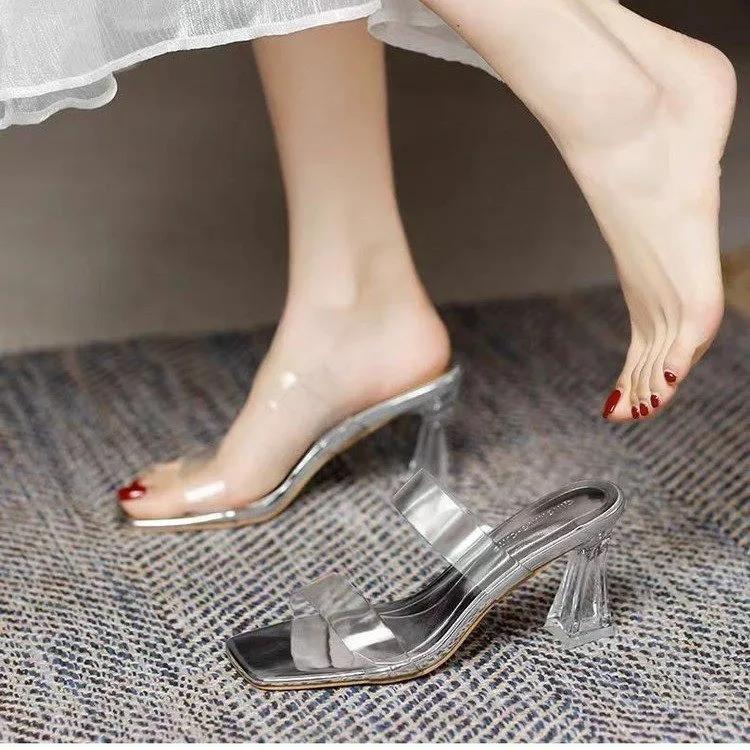 Fashion Summer Women Pumps Sandals PVC Jelly Slippers Open Toe High Heels Women Transparent Perspex Slippers Shoes Heel Clear Sandals