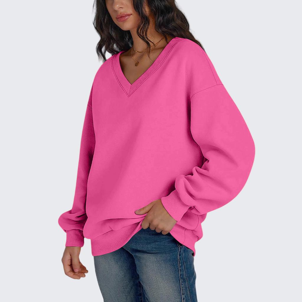 Ladies Long Sleeve Solid Color V-neck Sweatshirt