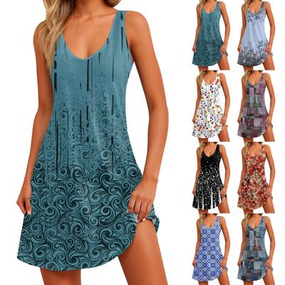 Γυναικείο casual sundress με τσέπες Καλοκαιρινό Boho Beach Φόρεμα Floral Μπλούζες για Γυναικεία T-Shirts Φόρεμα V λαιμό Loose Tank φορέματα