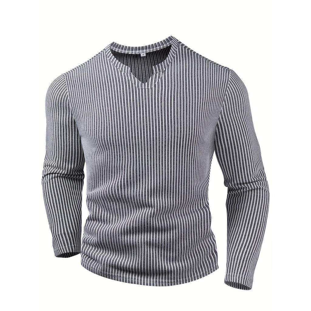 Gestreiftes Herren-Langarmshirt mit V-Ausschnitt, schmaler Passform, lässig für Outdoor-Sportarten