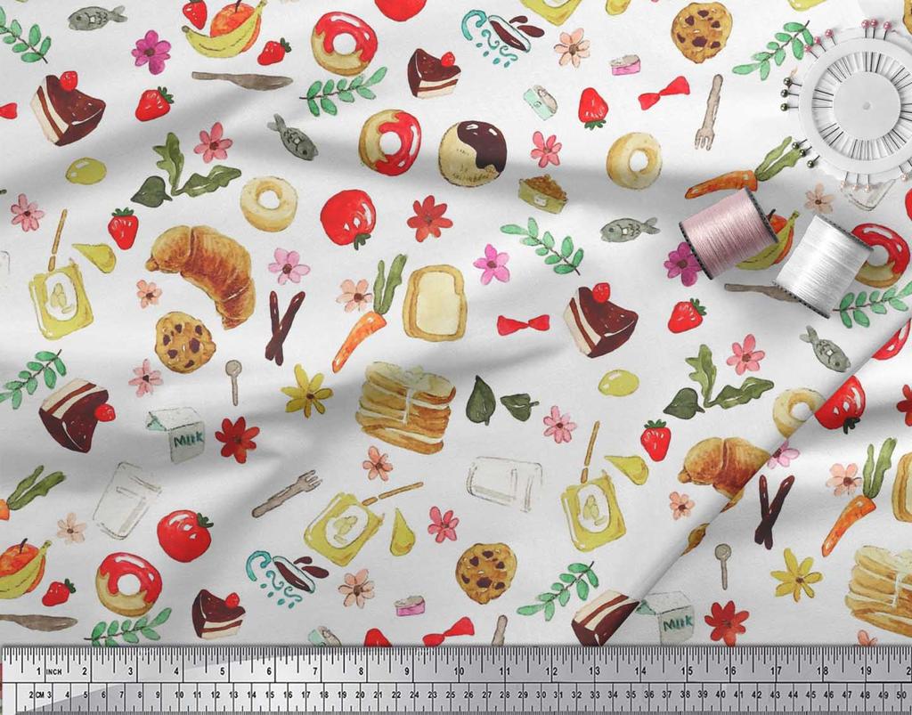 Soimoi Japan Crepe Satin Fabric Fruits,Bread & Donut Food Decor Fabric Printed metre 42 Inch