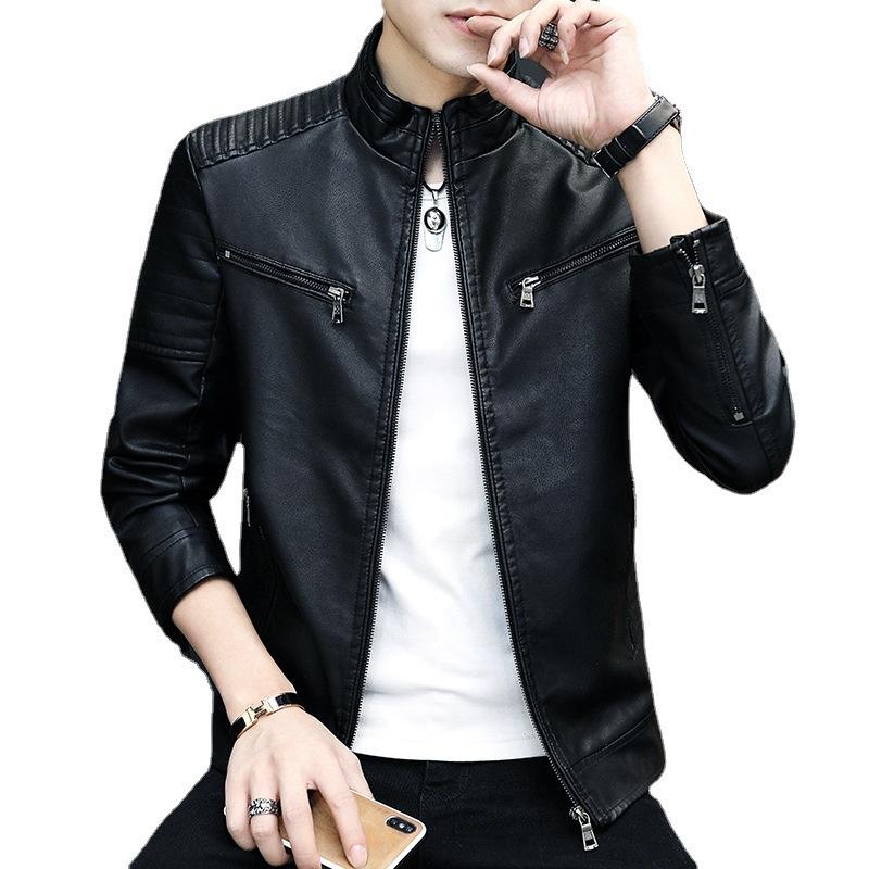 Men's Leather Jacket Spring and Autumn Thin Style Stand Collar Striped PU Leather Jacket Motorcycle Leather Jacket