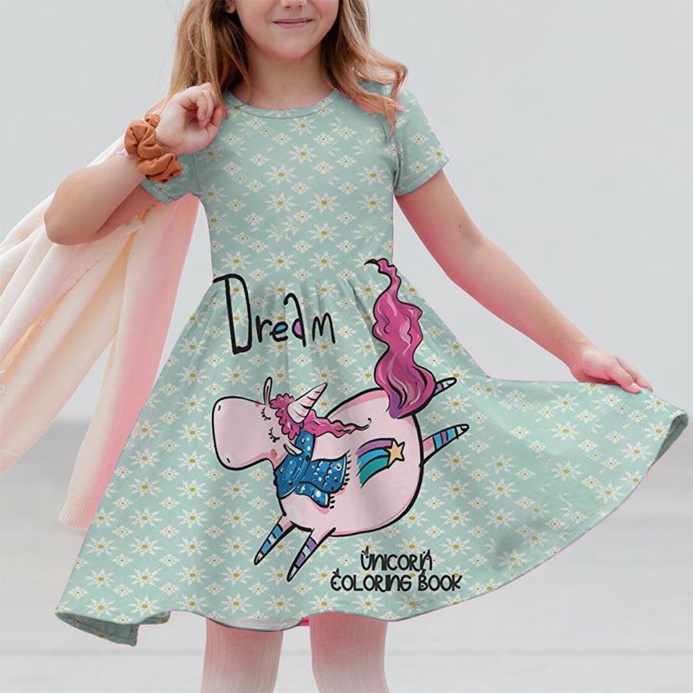Robes d'été pour filles Licorne Enfants Robe à manches courtes Dessin animé Tout-petits Décontracté Robes droites Vêtements pour enfants 3-12 ans