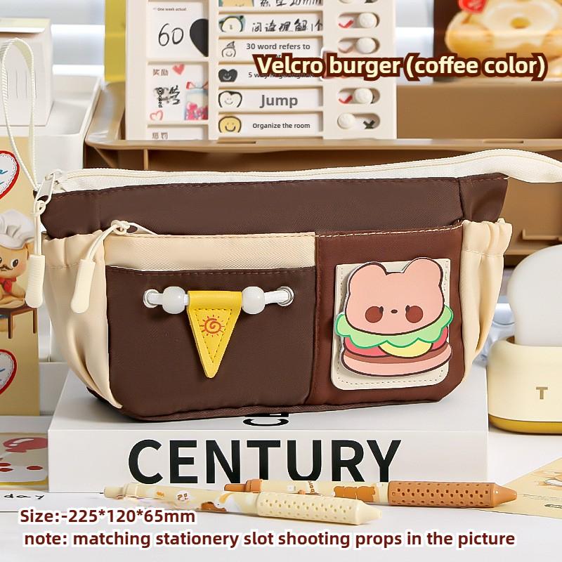 Cartoon Bear Retro Burger Color Blocked Pencil Bag Multi Functional Cute High Beauty Large Capacity Stationery Box Pencil Bag
