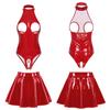 Womens Sexy Patent Leather Set Wet Look Crotchless Bodysuit with Zipper Flared Skirt Night Club Wear