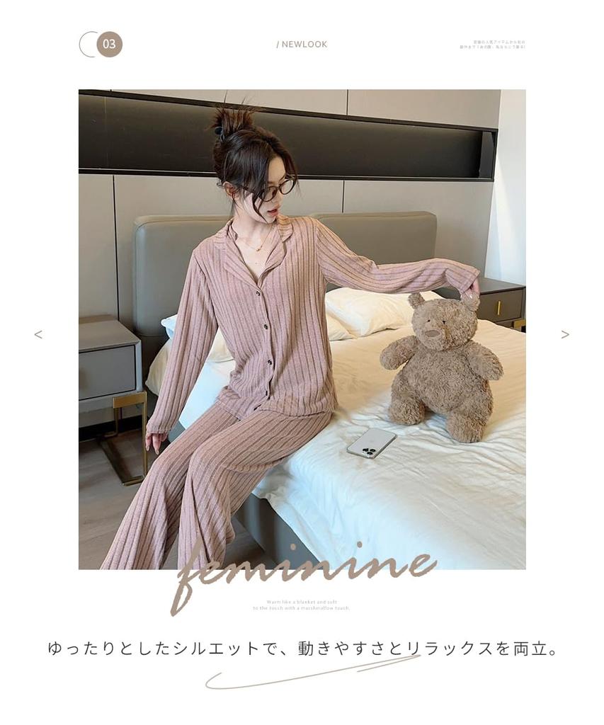 DayaEmmoTQ Striped Long Comfortable to the Korean Top and Bottom and Perfect for Cold Perfect for and Spring Women's Pajamas, Open-Front Lapel, Thin,