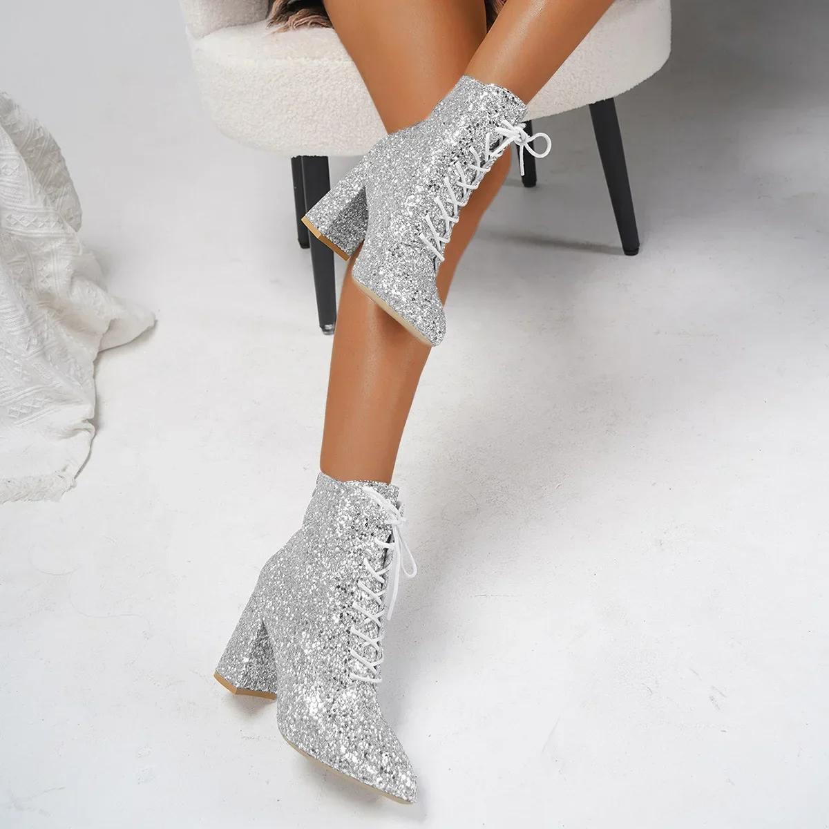 

Ботильоны с блестками для женщин, модные осенне-зимние женские ботинки с квадратным каблуком и острым носком, женские ботинки челси на молнии для сцены 2024 года 37