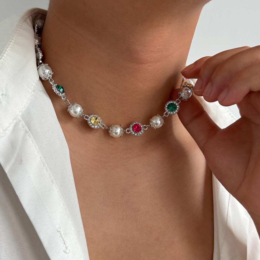 Ingemark Trendy Luxury Imitation Pearl Choker Necklace Women Exquisite Elegant Colorful Acrylic Rhinestone Bracelet Y2K Jewelry