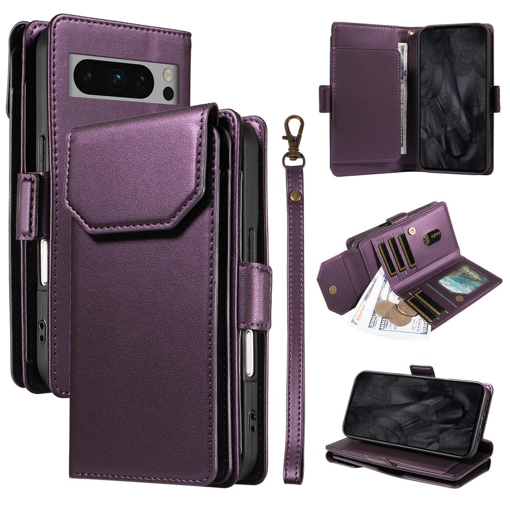For Google Pixel 8 Pro Case with Multi-Card Holder and Strap PU Leather Phone Cover Stand