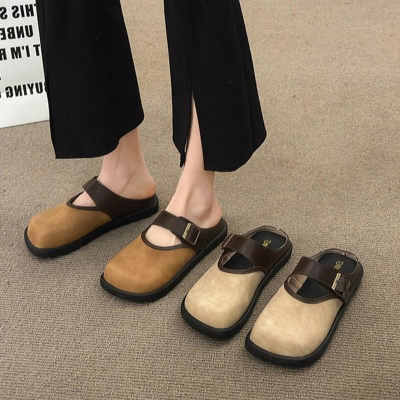 2025 Women Leather Slippers Indoor Slip-on Ladies Mules Shoes Square Toe Beach Slippers With Arch Support Fashion Women Sandals