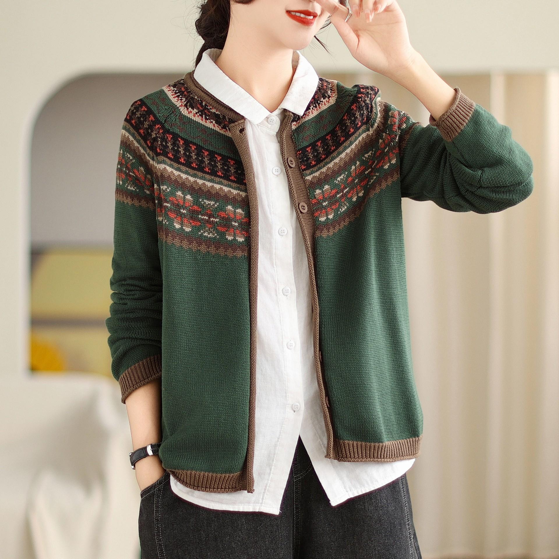 

Johnature Вінтажне вільне вільне пальто з нішевим принтом Жіноче осіннє однобортне пальто з довгими рукавами з круглим вирізом One Size зелений