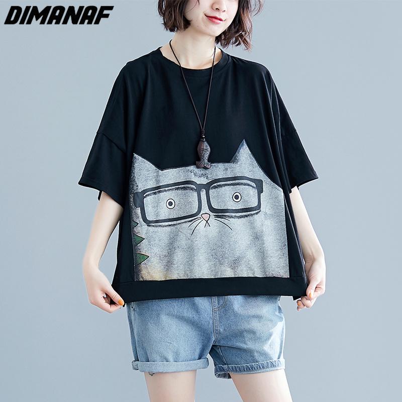 DIMANAF 2023 Plus Size Summer Women T-Shirts Cartoon Cat Print Tops Tunic Tees Shirt Oversize Bat Loose Casual Green