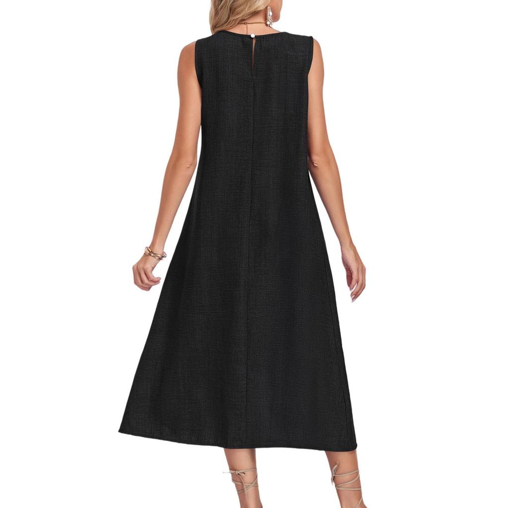 European & American Women's Sleeveless Round Neck Pocket Dress - Solid Color, Casual Style (2026)