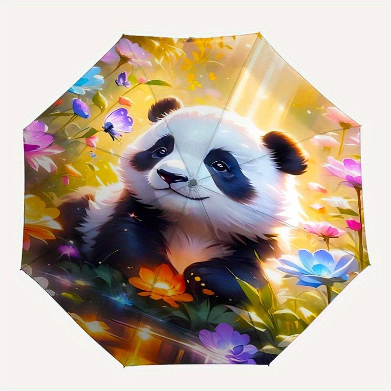 Panda, Flowers Theme 8 Bone Hand Automatic Folding Umbrella, Compact and Portable Design, A Perfect Gift for Birthday, Christmas or Business