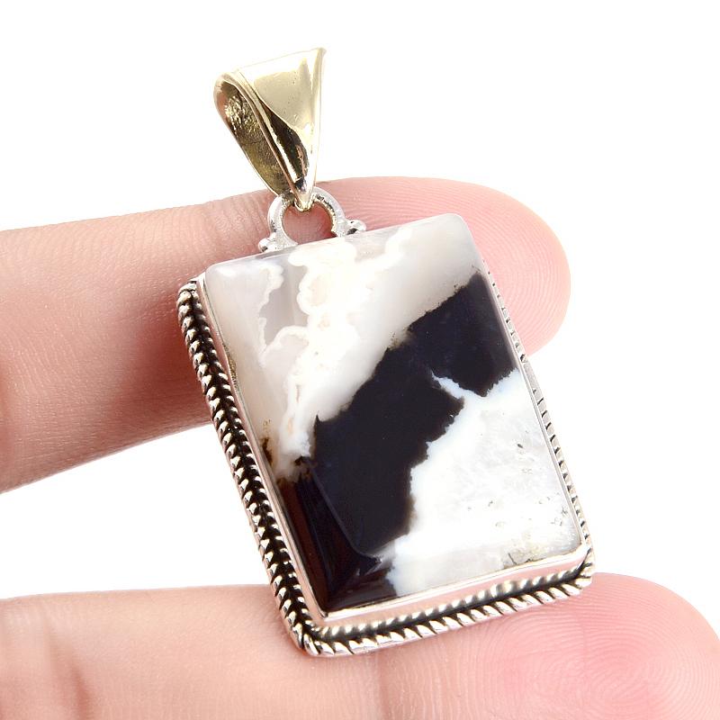 Natural Zebra Jasper Gemstone 925 Sterling Silver Two Tone Pendant 1.8'' Q0J83