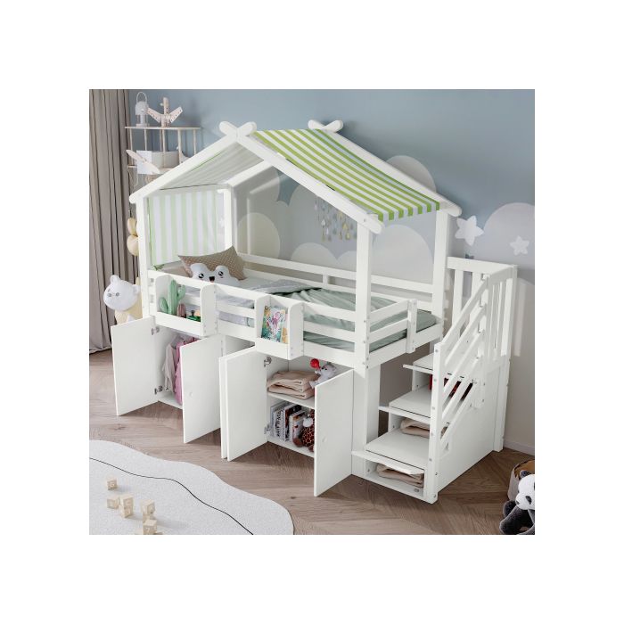 Paturi suprapuse - MUVOE - 2 locuri - Alb - Cu bariere de siguranță - Spațiu de depozitare integrat