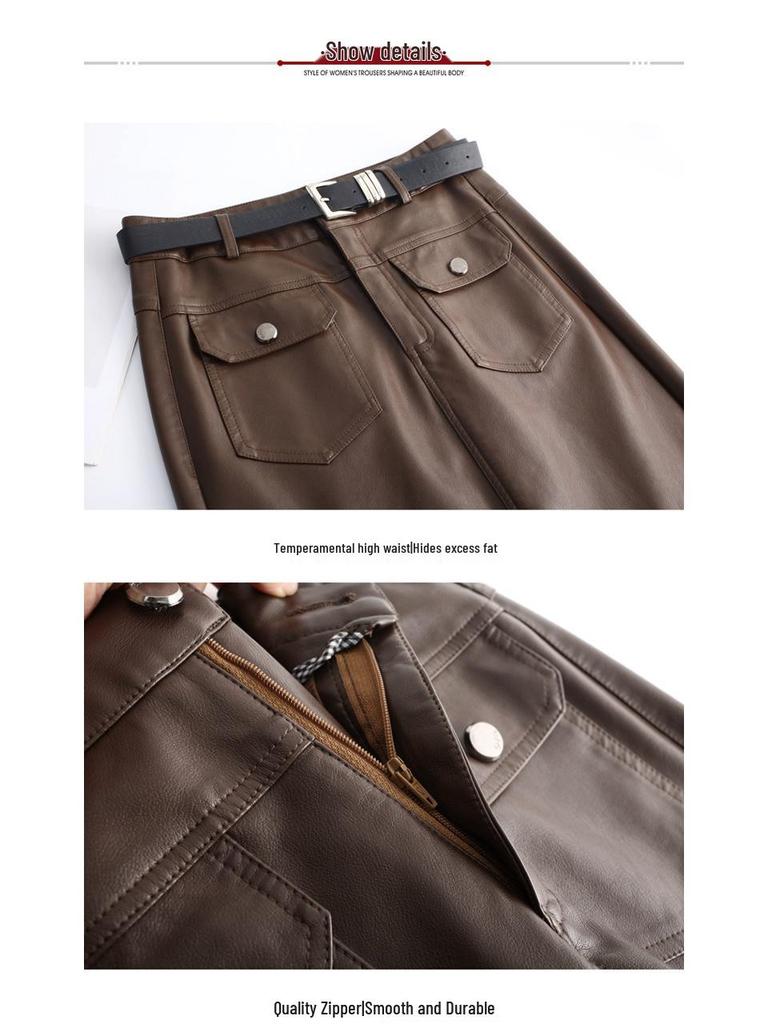 Modischer Damen-Lederrock aus Lammleder mit Schlitz - Hohe Taille, Mittellang, Faltenmildernd, Trendiger Pendlerstil.