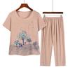 Conjunto de Pijama Feminino com Gola Redonda, Manga Curta e Calça Cropped Conjuntos para Relaxar Verão Floral Roupa de Dormir Conjunto Combinando