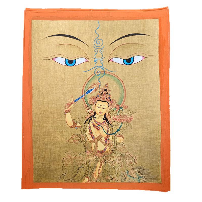 Hand-Painted Nepalese Buddha Thangka: Manjushri, Yellow Jambhala, Thousand-Armed Avalokiteshvara, Mahakala, Zhakilaamu Wall Hanging