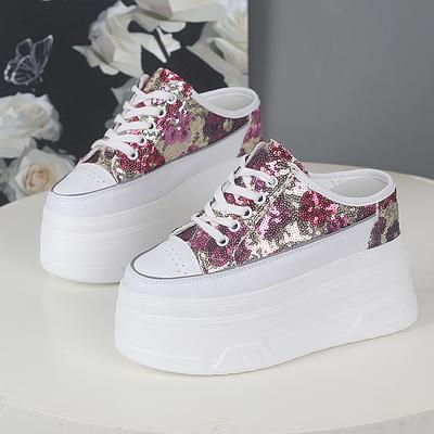 Mode 12CM Plateau-Slipper Keilschuhe Damen Sommer Plateau High Pailletten-Slipper Air Mesh Atmungsaktiv Damen Sommer Schuhe