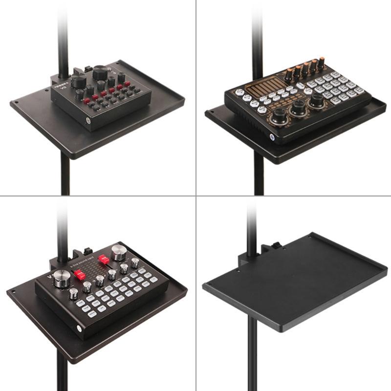 Microphone Stand Tray, Clamp-On Mic Rack Tray Height Adjustable with O-Rings Clamp, Mic Sound Card Holder for Recording