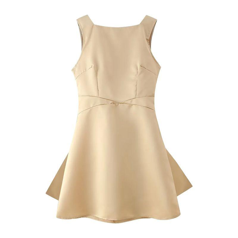 Spring New Women's Clothing Fashion off-Neck Sleeveless High Waist A- line Satin Backless Bow Dress Dress