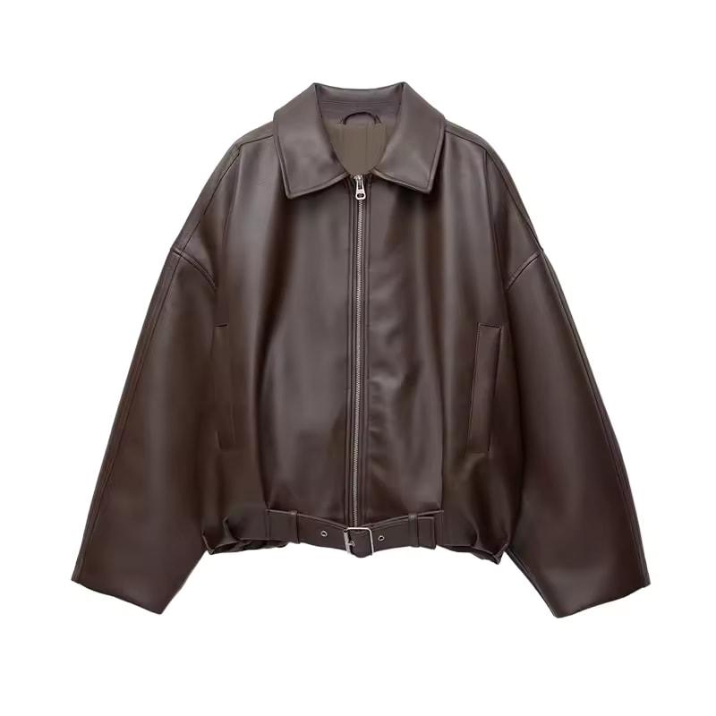 Vintage PU Leather Bomber Jackets Autumn Ladies Zipper Lapel Long Sleeve Pocket Coat With Belt Women's Loose Streetwear