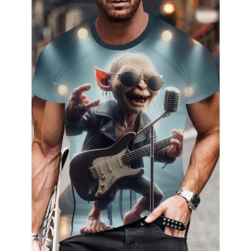 Pánské letní pohodlné prodyšné nadměrné 3D módní kreslené potištěné tričko - Měkká středně elastická polyesterová tkanina Letní pánské oblečení volného střihu