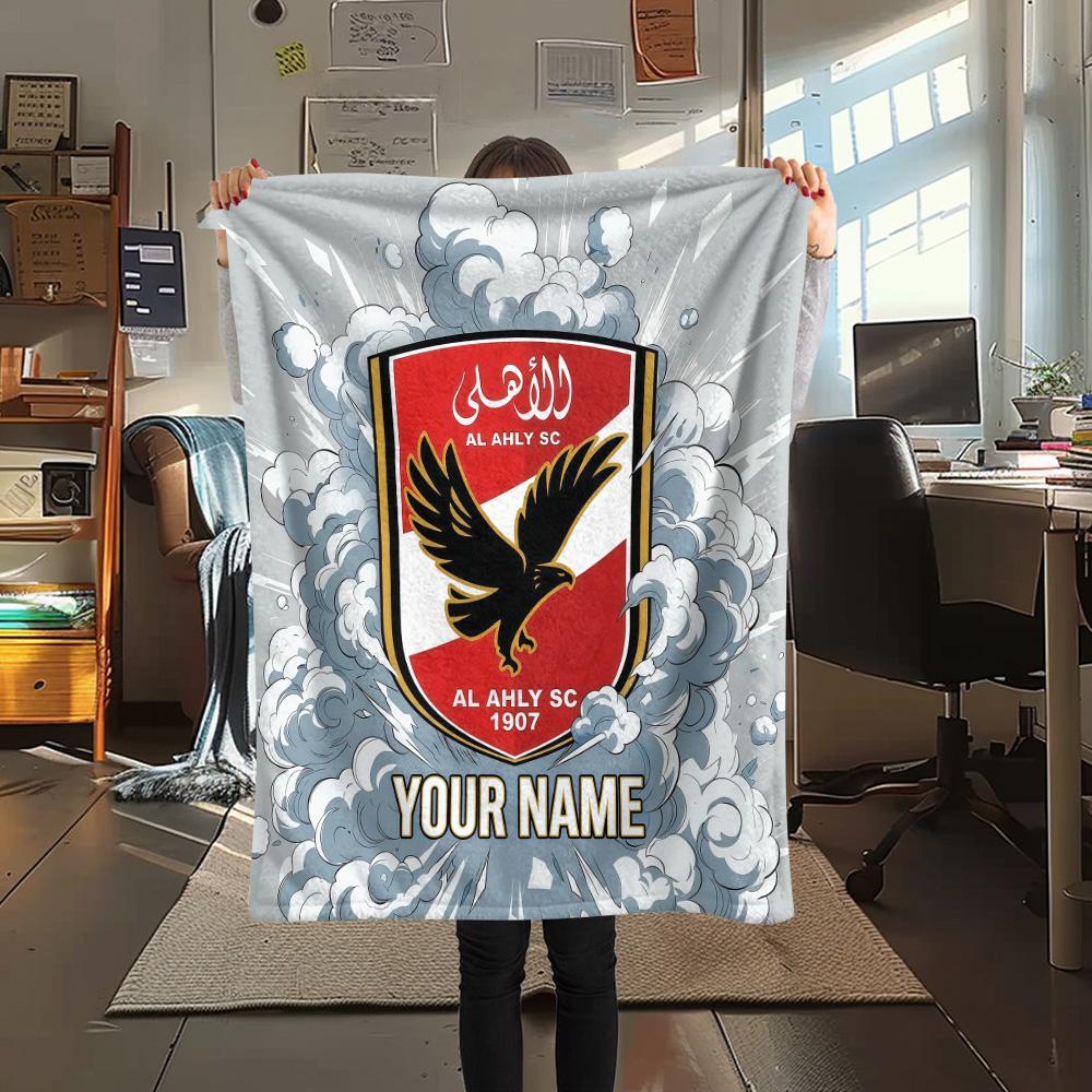 Custom Name Al Ahly SC Flannel Blanket, High quality Comfortable for All Seasons, Home Decor, Warmth and Comfort