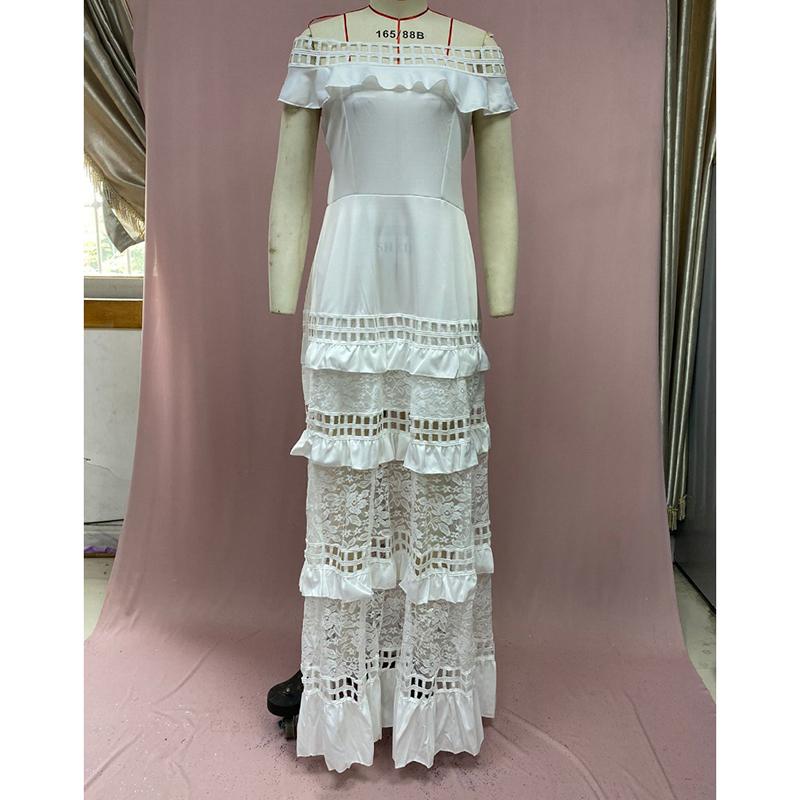 Summer New Vintage Off Shoulder Sexy Dress Women Ruffled Hollow Out Lace White Party Loose Dress Women Elegant High Waist A Line Casual Dresses 25088