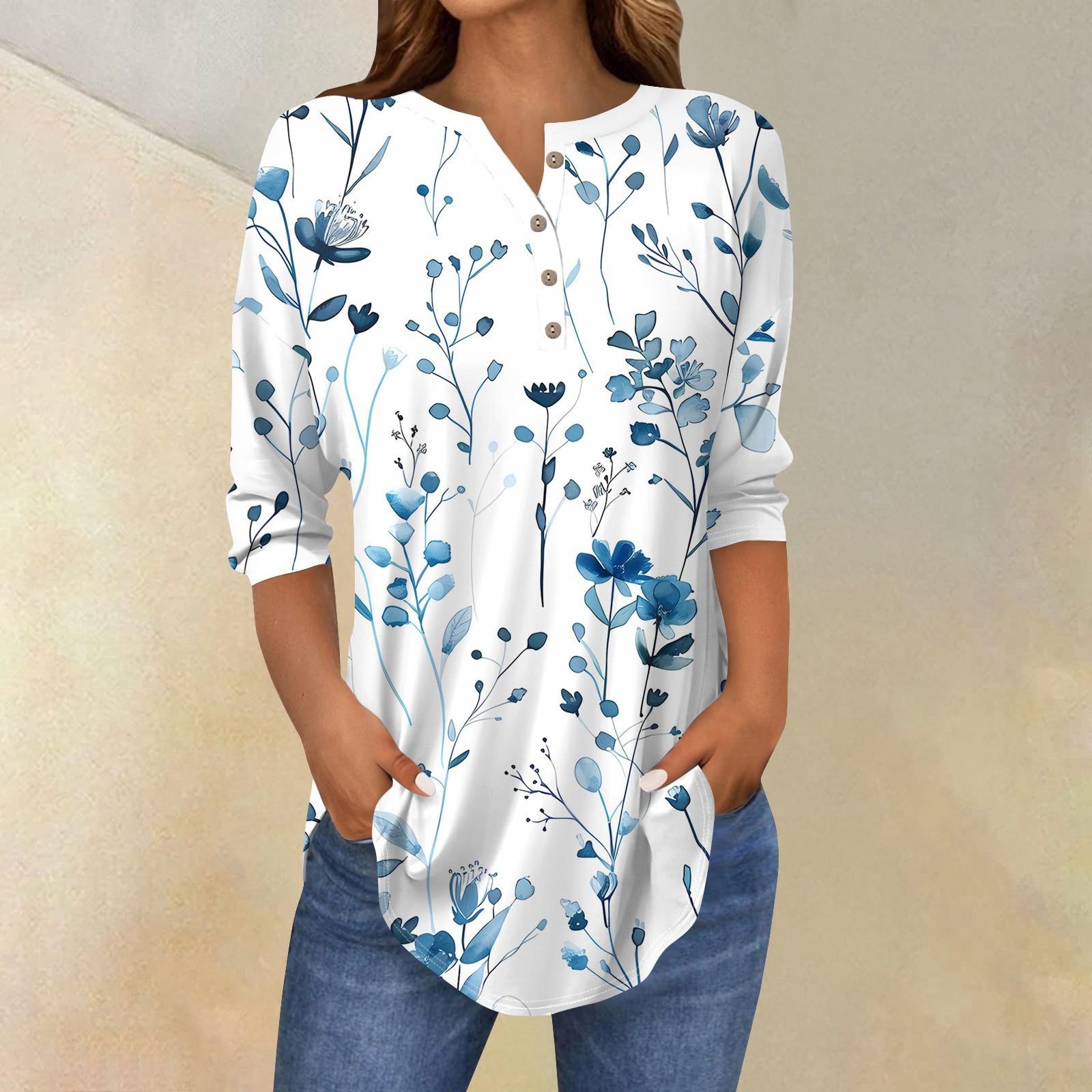 

Рубашки с рукавом 3/4 для женщин, модные, повседневные, с круглым вырезом, с принтом, футболка, топ XXXL светло-синий