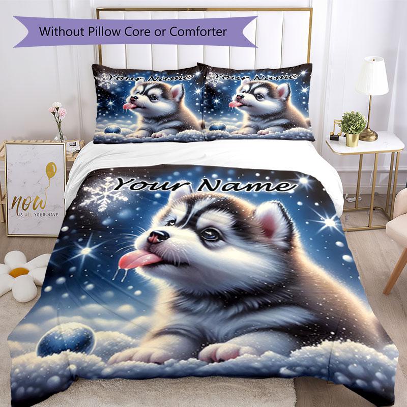 3PC Custom Name Winter Husky Dreams Bedding Set Printed Bedding Set Duvet Cover Closure Includes 1 Duvet Cover & 2 Pillowcases for All Seasons Bedroom