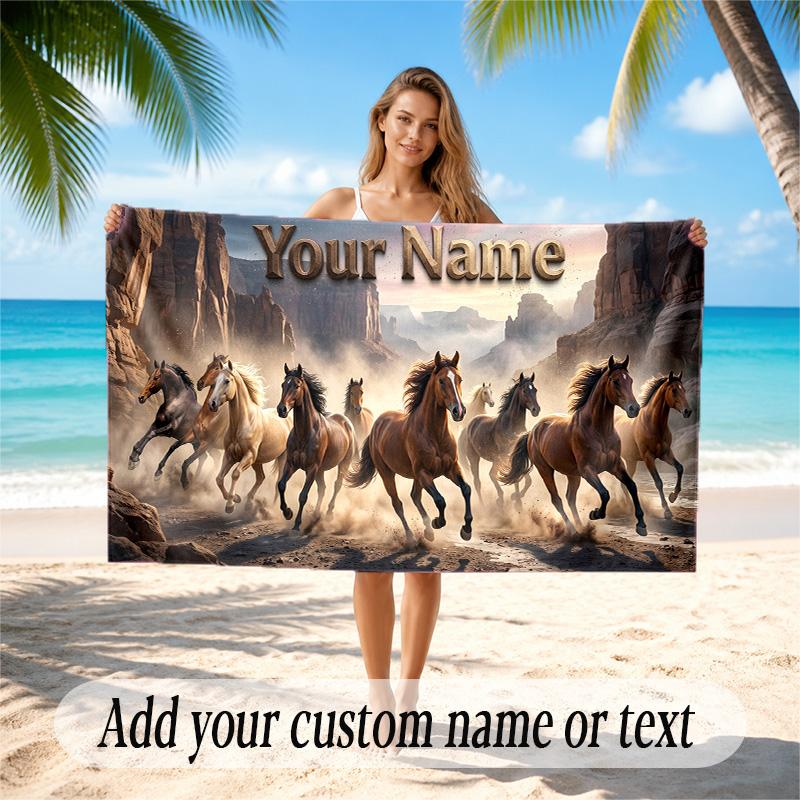 Asciugamano da Spiaggia Asciugatura Rapida Tema Cavalli Stampa Personalizzata Nome Testo Grande Resistente alla Sabbia Vacanza al Mare