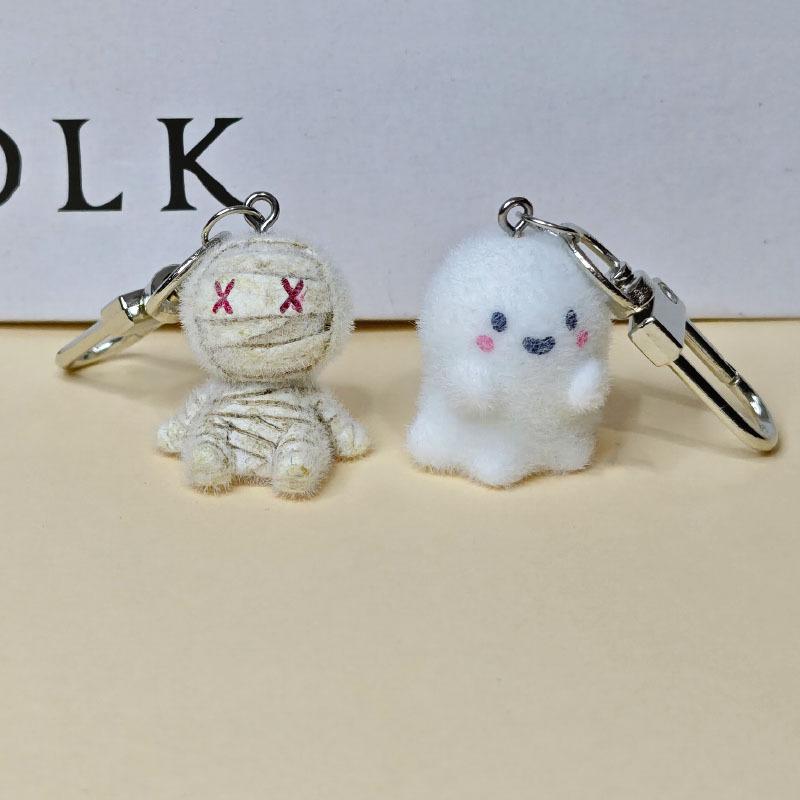 Kawaii Flocked Mummy Ghost Phone Chain Charm Strap Adorable Cartoon Plush Keyring Ins Style Phone Case Bag Camera Pendant