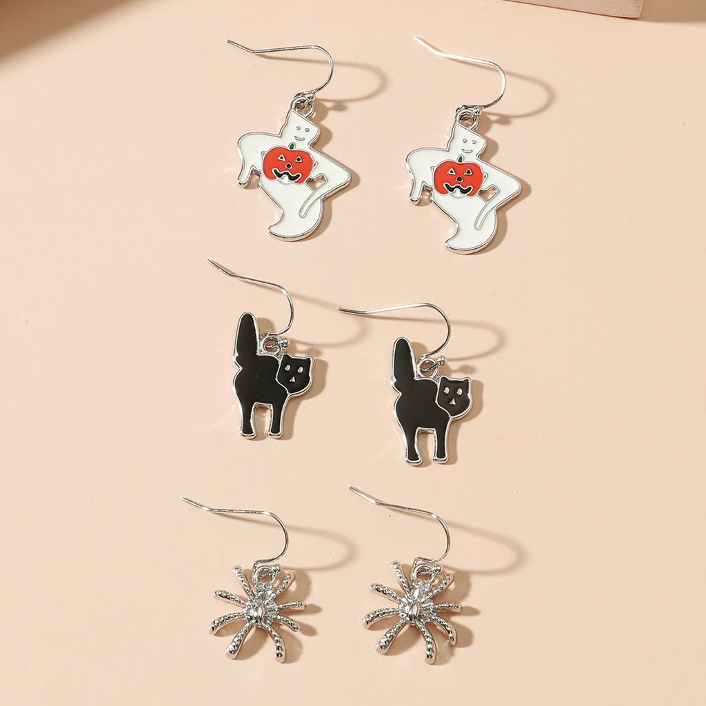 3pcs Set Retro Exaggerated Pumpkin Spider Ghost Skull Stud Earrings for Women Halloween Party Cartoon Cute Witch Jewelry Sets