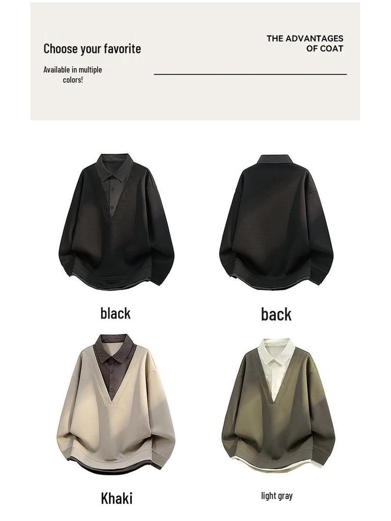 Men's Spring Color Block Patchwork Two-In-One Hoodie Polo Shirt