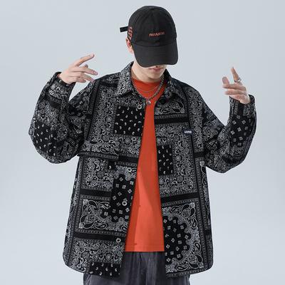 Men's Fashion Trend Street Printed Loose Denim Jacket Men's Trend Large Cashew Flower Casual Jacket