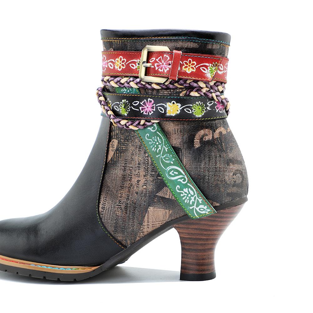 Johnature Echtes Leder frauen Kurze Stiefel Retro Woven Gürtel Schnalle Mode Dame High-heeled Schuhe