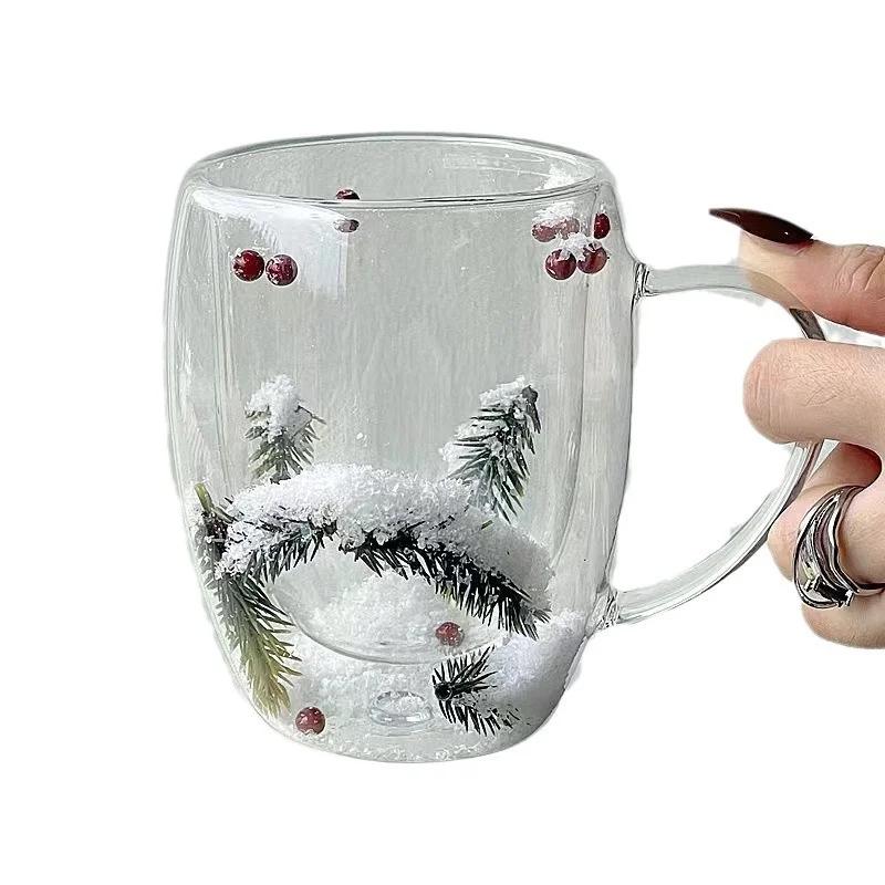 200/350ML Cupă de sticlă cu perete dublu, ace de pin uscate, cu strat înalt de borosilicat, ceașcă cu apă din sticlă transparentă, cadou de Crăciun